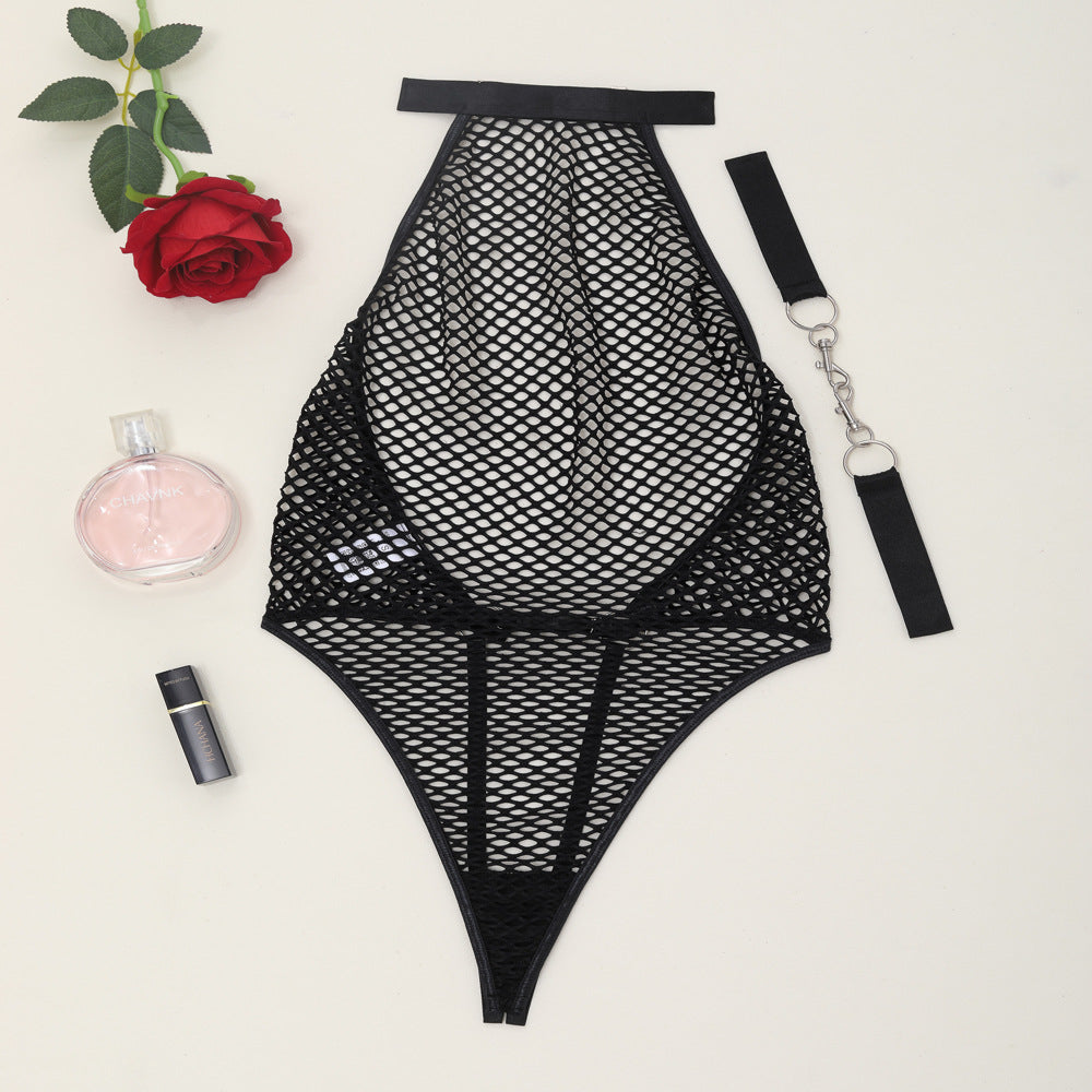 Erotic Backless Fishnet Bodysuit with Handcuffs