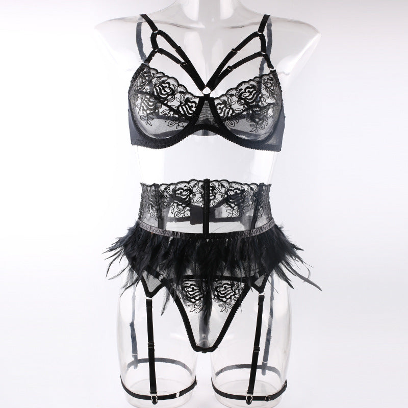 Enigmatic Feather-Trim Lingerie Set