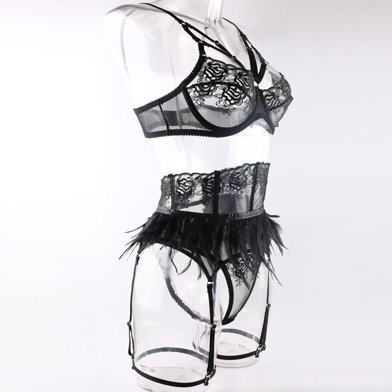 Enigmatic Feather-Trim Lingerie Set
