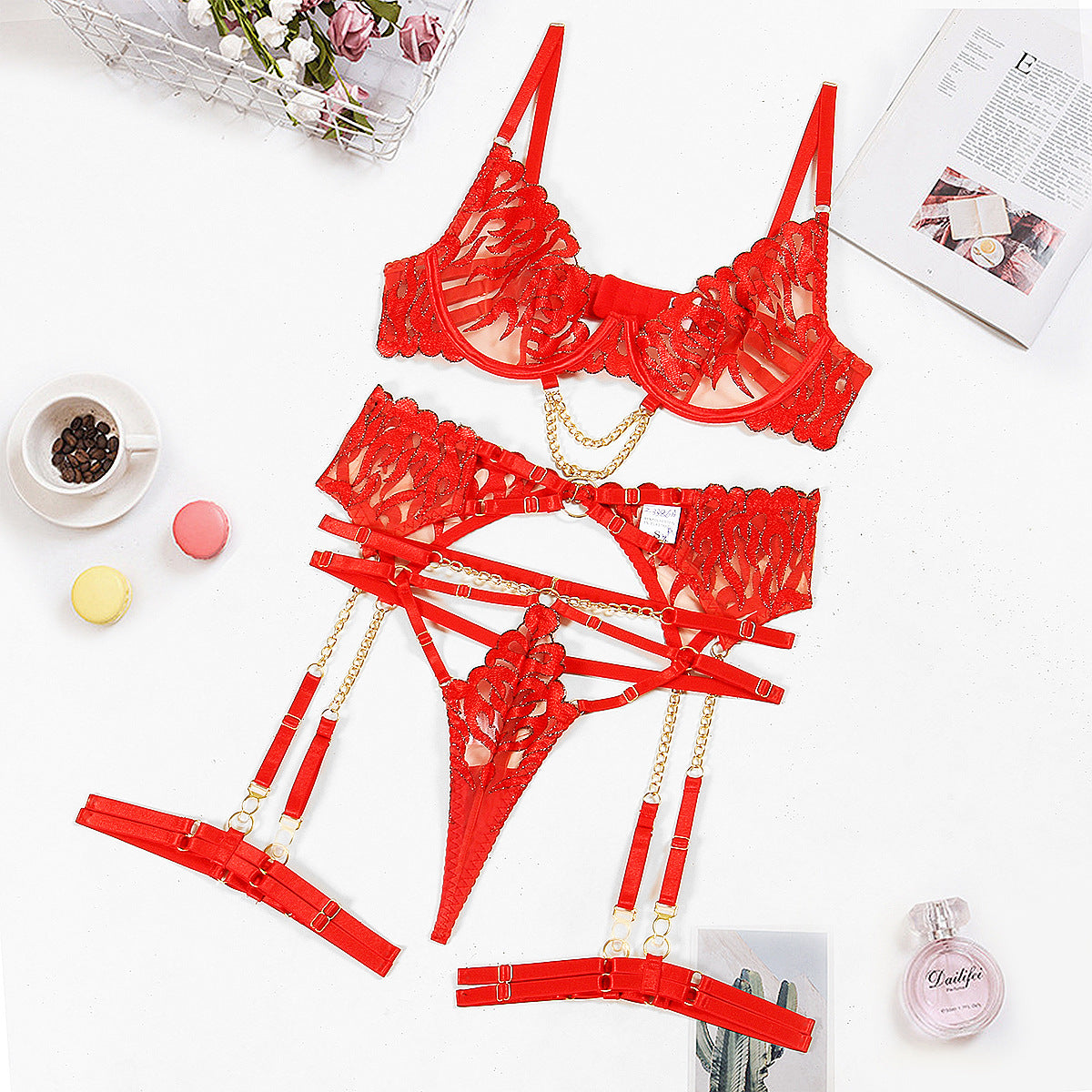 Flame Chained Embroidered Bra Set