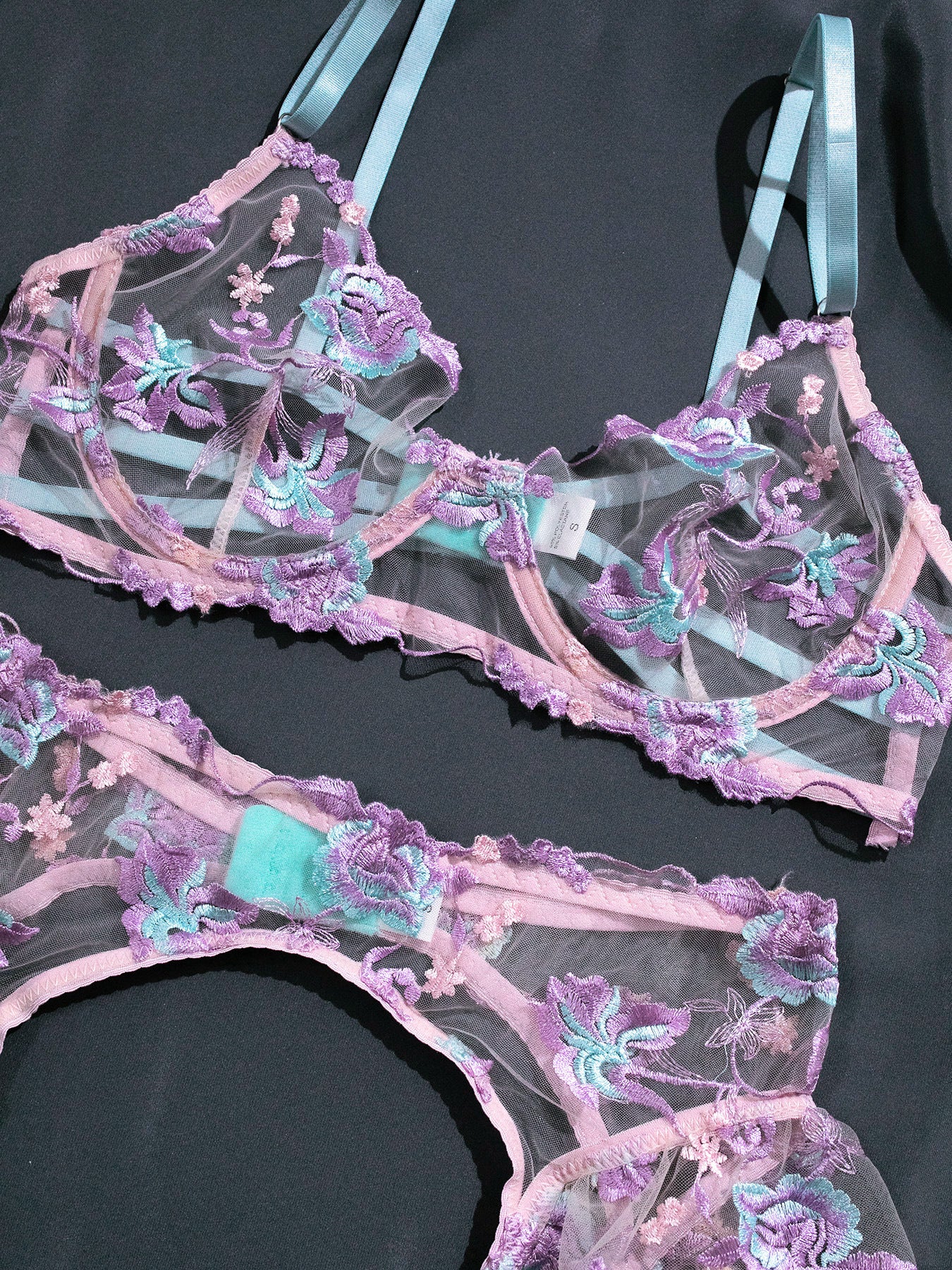 Lilac Floral Embroidered Lingerie Set