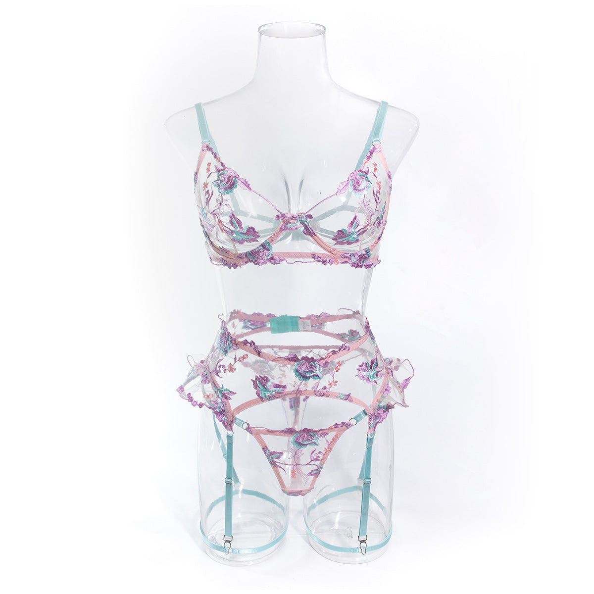 Lilac Floral Embroidered Lingerie Set